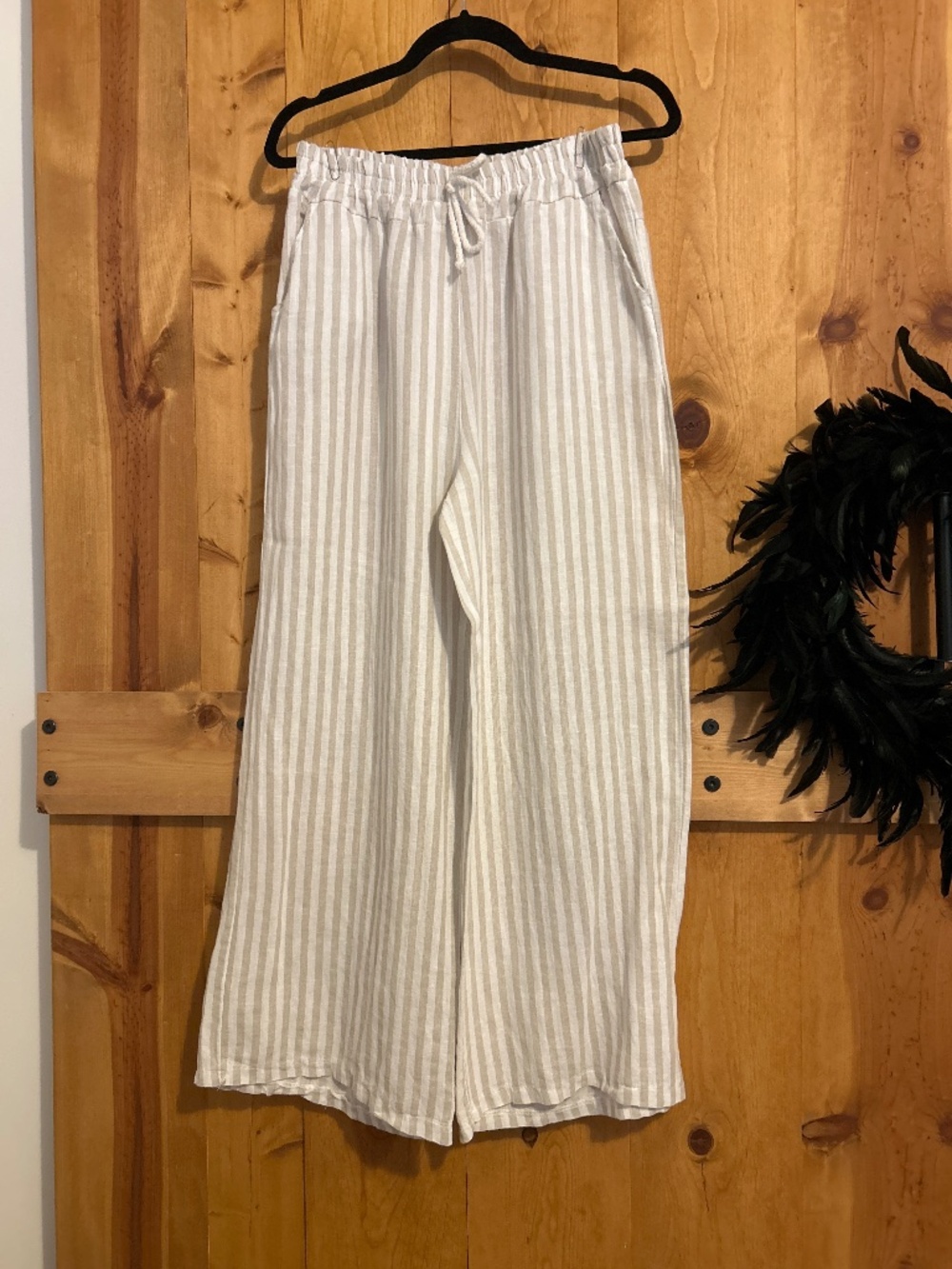 NWOT Milio Milano Beige/Ivory Pinstripe Linen Wide Leg Pant